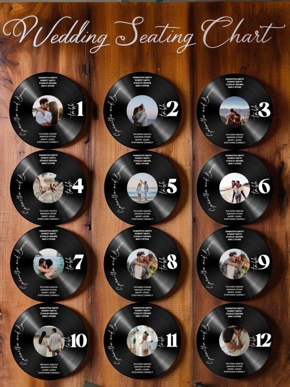 12 Personalized Vinyl Record Wedding Seating Chart Signs w/ Photo Music Decor